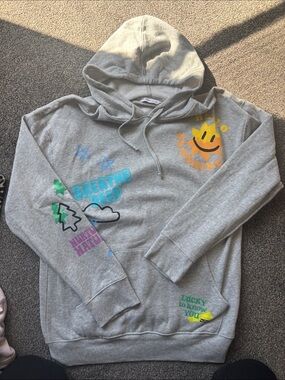 Gray Graphic Hoodie with Colorful Smiley & Slogans